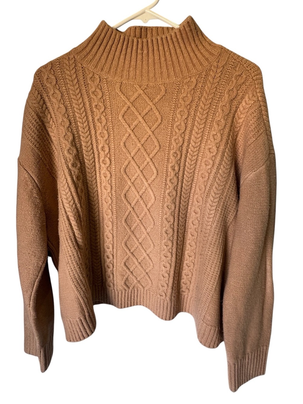 Loft Classic Cable Knit Tan Mock Neck Sweater Camel MINTY